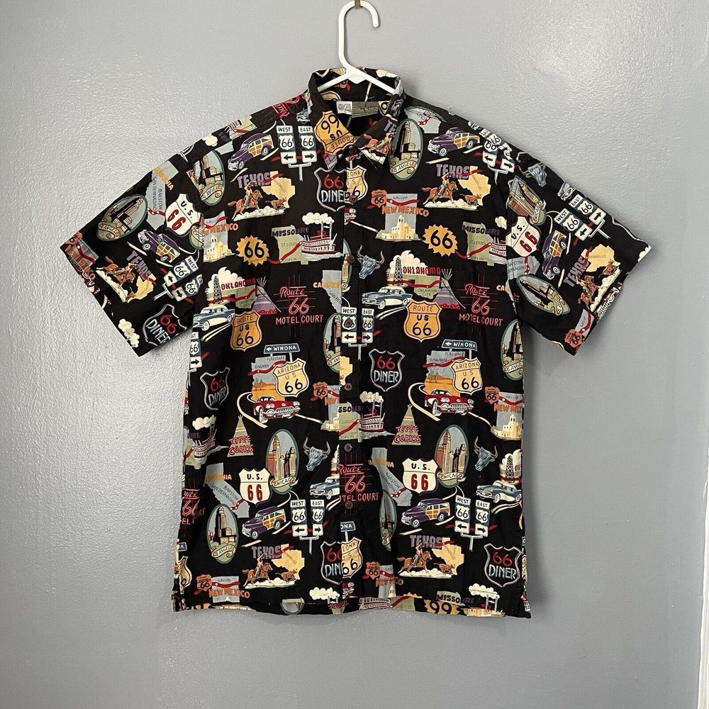 High Seas Trading Shirt Large Americana Route‎ 66 All Over Hawaiian Aloha USA